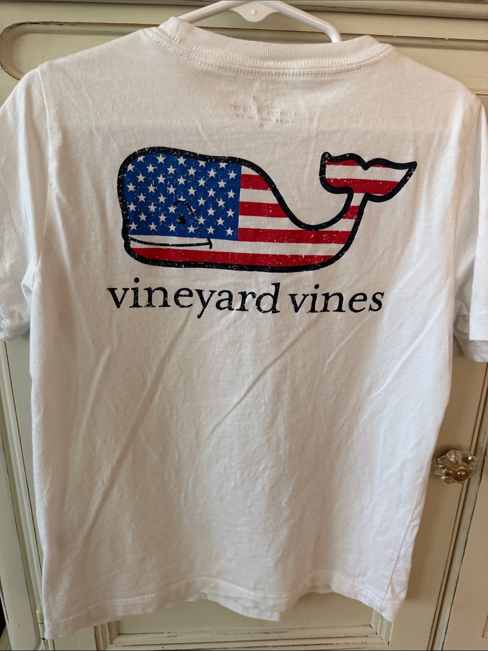 Vineyard Vines White Tee with American Flag Whale Graphic